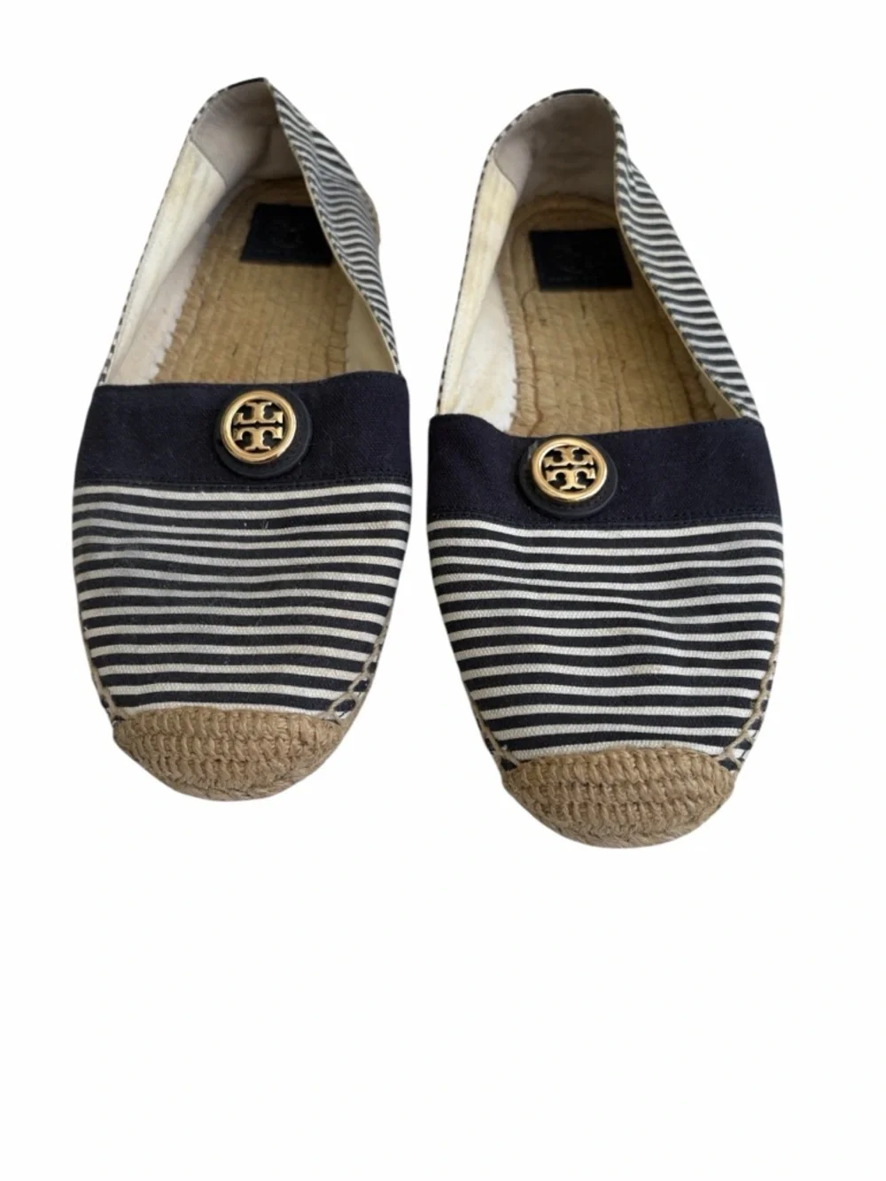 Tory Burch navy / white stripe espadrilles with gold logo